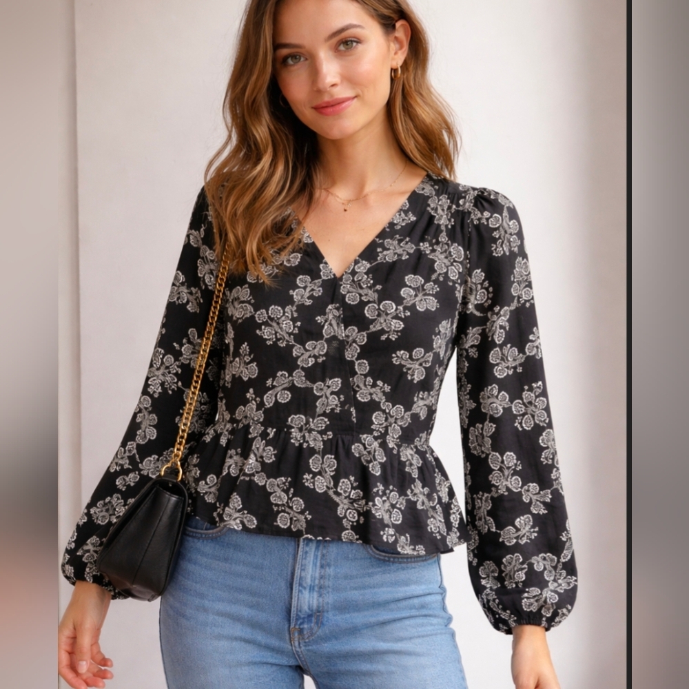 Chic Black and White Floral Blouse